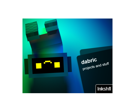 linkshuffle embedded into an entirely white webpage. it's showing my ad, which is of a short upside-down tv-head robot. next to the robot is a card that reads "dabric: projects and stuff".