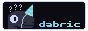 Dark background with a white outline. A black raptor-thing on the left wearing a green-blue party hat on their nose. They have question marks above their head. The text "dabric" in a wide font with a blue-green gradient is on the right.